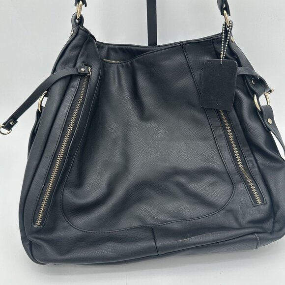 Stylish Black Leather Shoulder Bag With Geometric Lining & Multiple Zippers - Picture 1 of 9